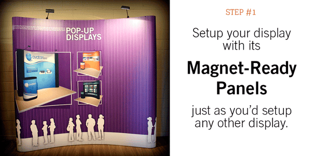 An animated GIF that illustrates how magnet-on graphics can be added and repositioned on a magnet-ready pop-up display.