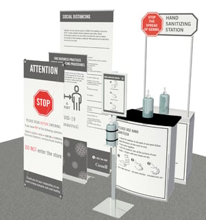 Signs Podiums and Hand Sanitizer Stands